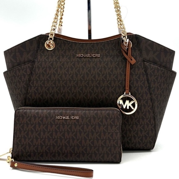 Michael Kors Large Jet Set Travel Chain Shoulder Bag & Continental Wallet Brown - Picture 1 of 15